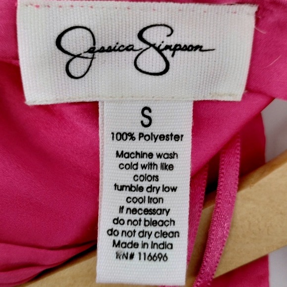 Jessica Simpson Pink Satin Pleated V Neck Tie Back Mini Dress Women's Size Small - Picture 3 of 10